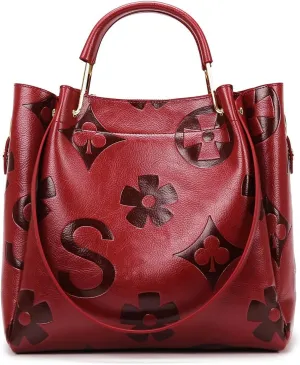 Top Handle Bucket Bag Floral Embossed Handbag Set Vintage Crossbody Bag Vegan Leather Shoulder Tote Bag with Zipper