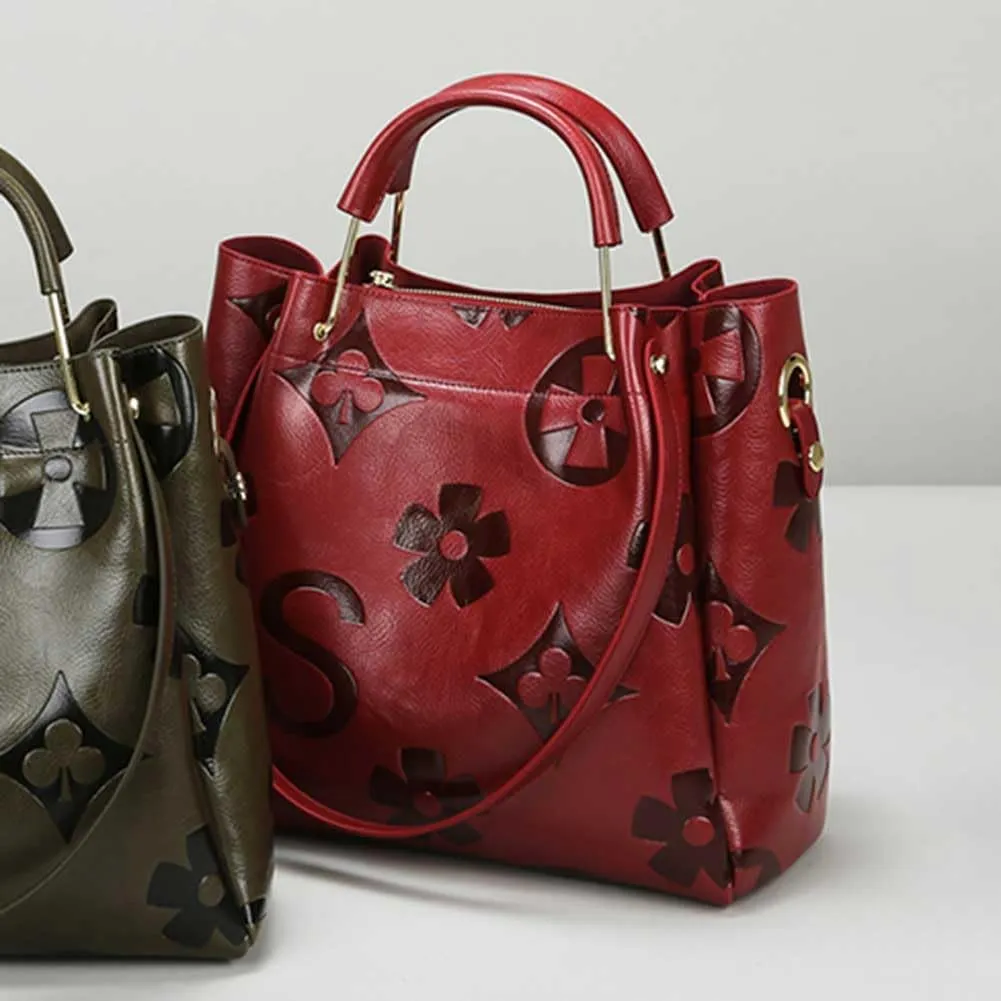 Top Handle Bucket Bag Floral Embossed Handbag Set Vintage Crossbody Bag Vegan Leather Shoulder Tote Bag with Zipper