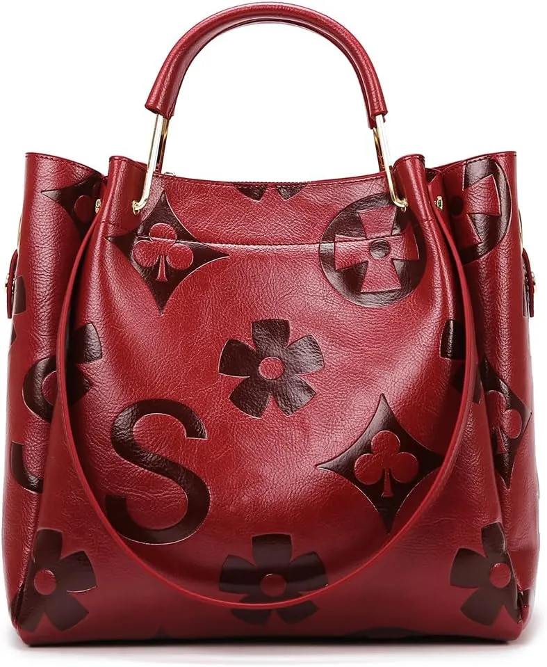 Top Handle Bucket Bag Floral Embossed Handbag Set Vintage Crossbody Bag Vegan Leather Shoulder Tote Bag with Zipper
