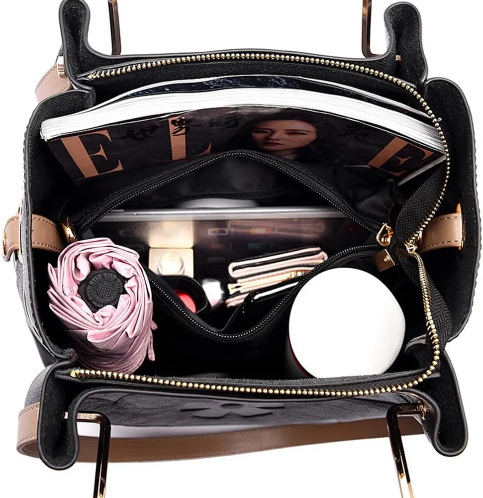 Top Handle Bucket Bag Floral Embossed Handbag Set Vintage Crossbody Bag Vegan Leather Shoulder Tote Bag with Zipper