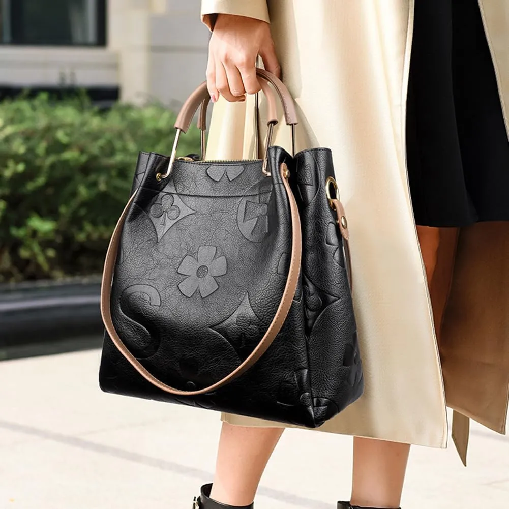 Top Handle Bucket Bag Floral Embossed Handbag Set Vintage Crossbody Bag Vegan Leather Shoulder Tote Bag with Zipper