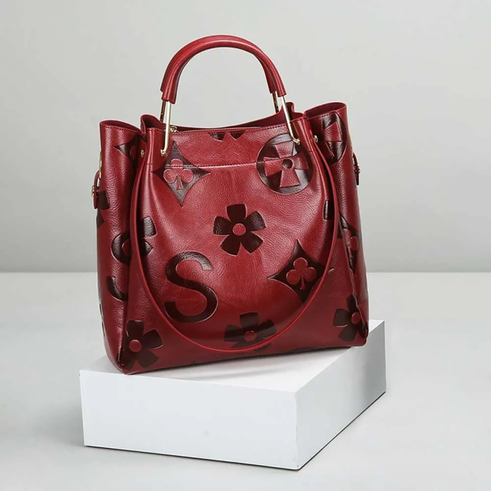 Top Handle Bucket Bag Floral Embossed Handbag Set Vintage Crossbody Bag Vegan Leather Shoulder Tote Bag with Zipper