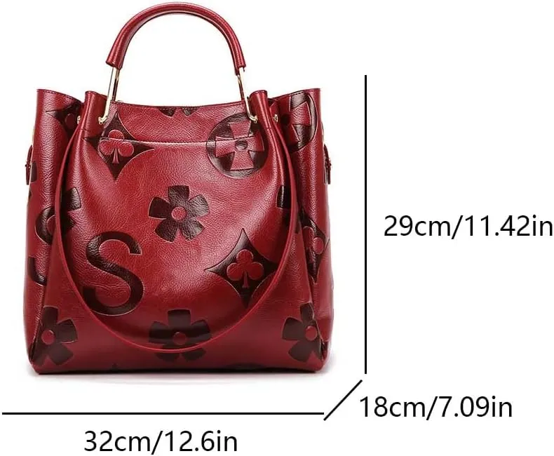 Top Handle Bucket Bag Floral Embossed Handbag Set Vintage Crossbody Bag Vegan Leather Shoulder Tote Bag with Zipper