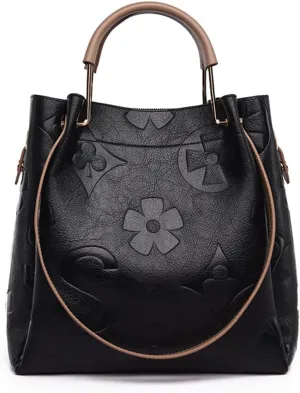 Top Handle Bucket Bag Floral Embossed Handbag Set Vintage Crossbody Bag Vegan Leather Shoulder Tote Bag with Zipper