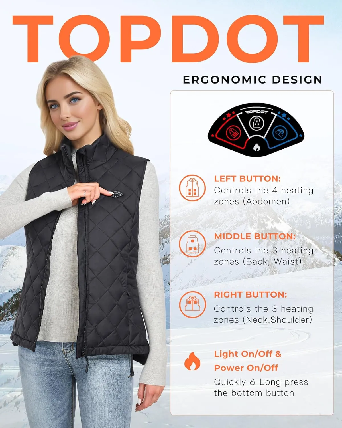 Topdot Heated Vest Women with 16000mAh 7.4V Battery Pack Included, Lights-Out Design 8 Heating Zones Women's Heated Vest