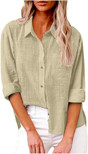 Tops for Women 2024 Cotton Linen Plus Size Long Sleeve Button Down Shirts Work Office Loose Casual Fit Clothes