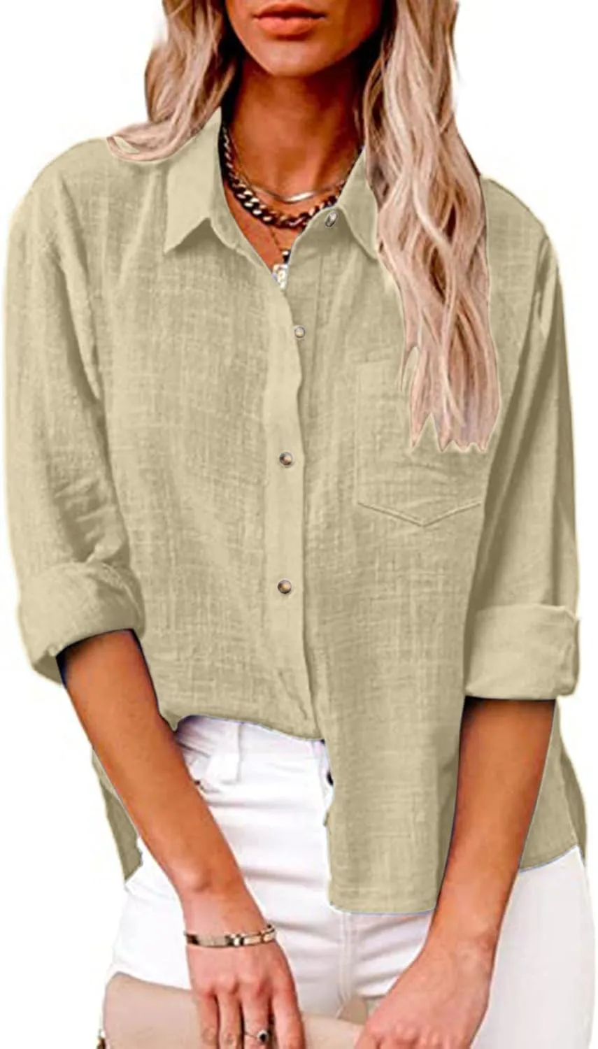 Tops for Women 2024 Cotton Linen Plus Size Long Sleeve Button Down Shirts Work Office Loose Casual Fit Clothes