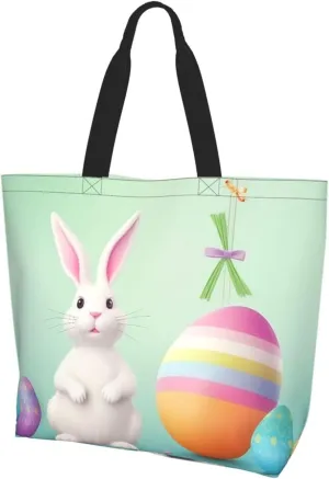 Tote Bag for Women Grocery Bag Reusable Aesthetic Shopping Bags Happy Easter Egg Rabbit Beach Handbag