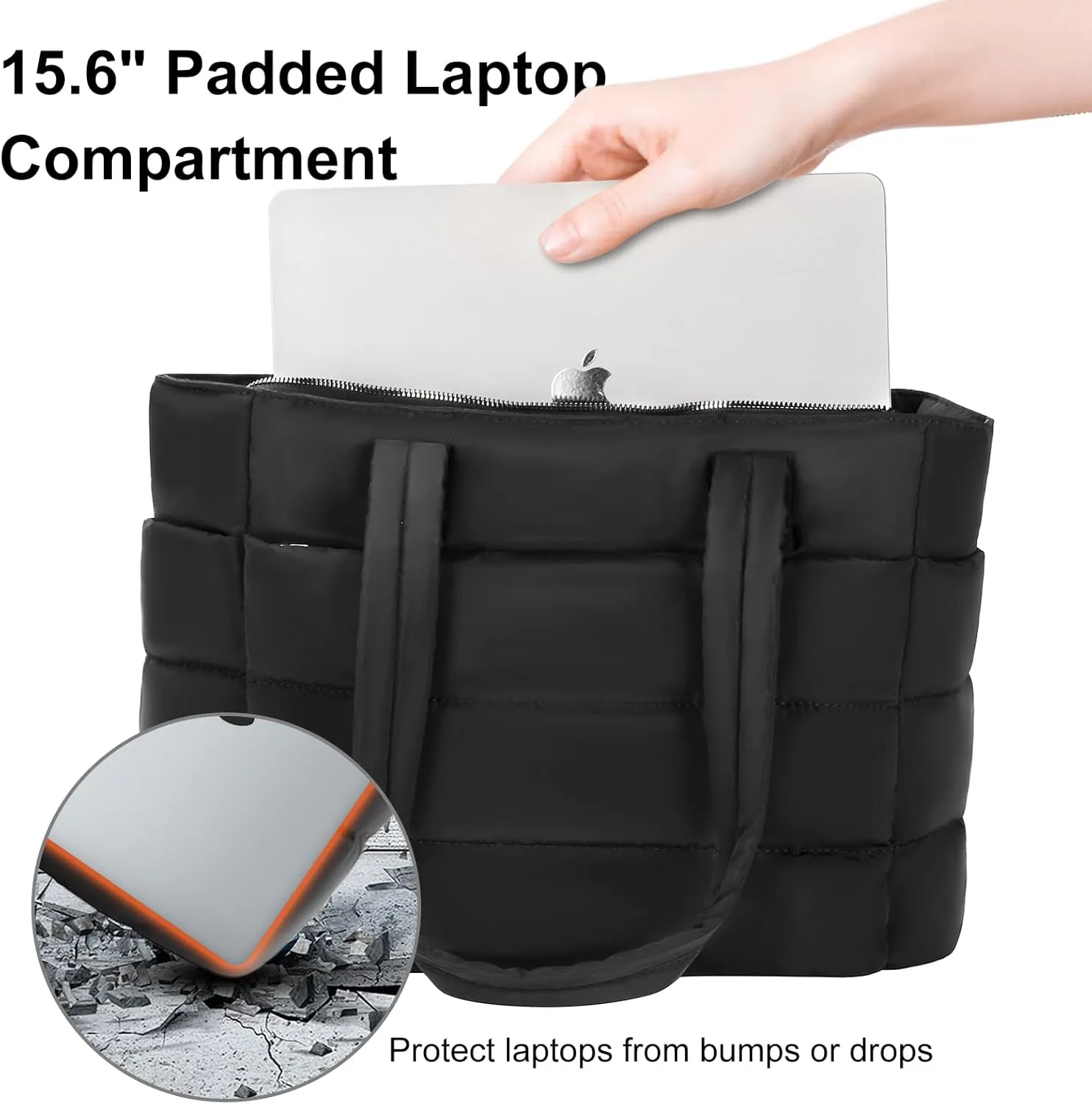 Tote Bag for Women with Zipper, Soft Lightweight Puffy Bag with Compartment, Quilted Handbag for Travel, Work, Sport