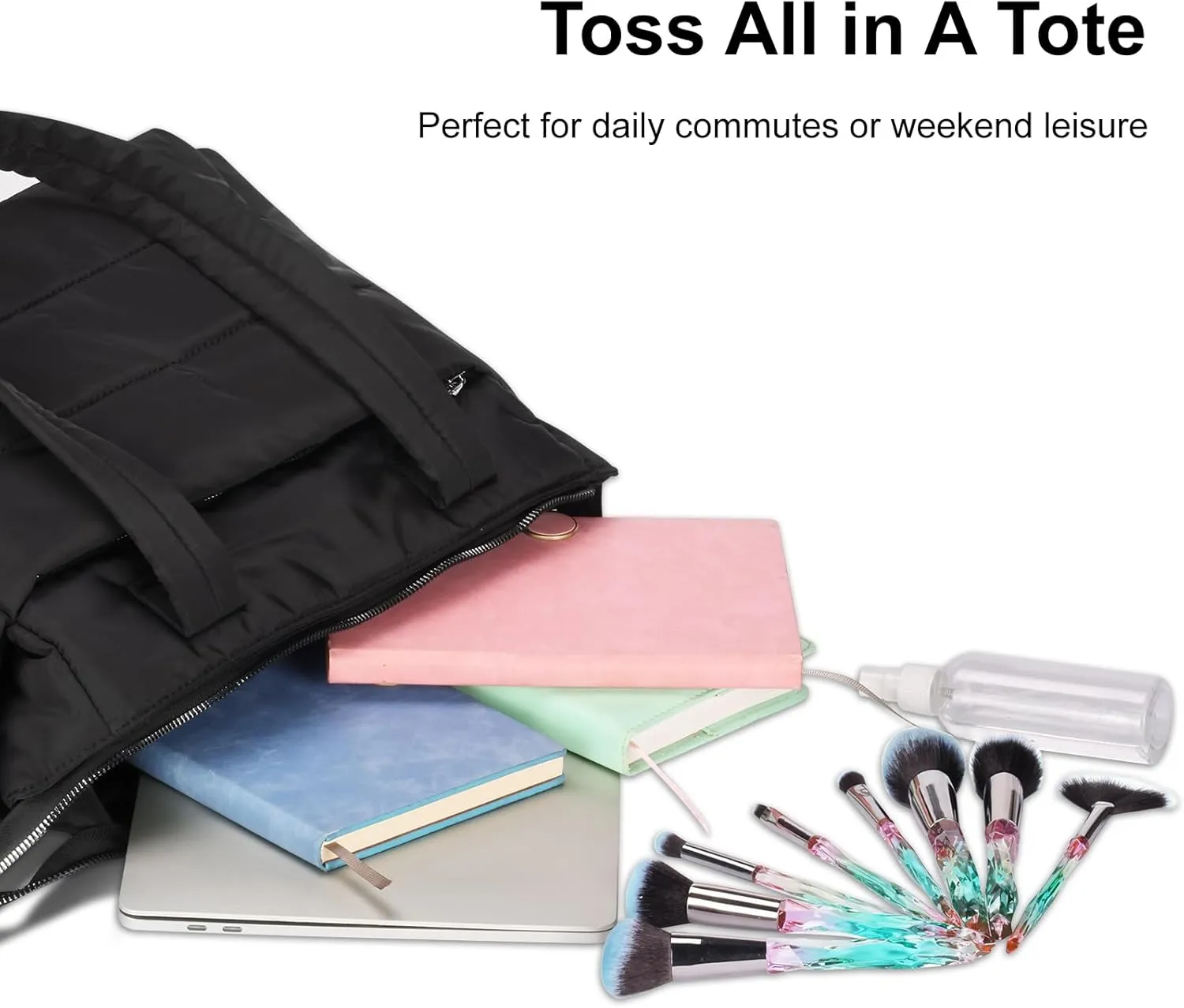 Tote Bag for Women with Zipper, Soft Lightweight Puffy Bag with Compartment, Quilted Handbag for Travel, Work, Sport