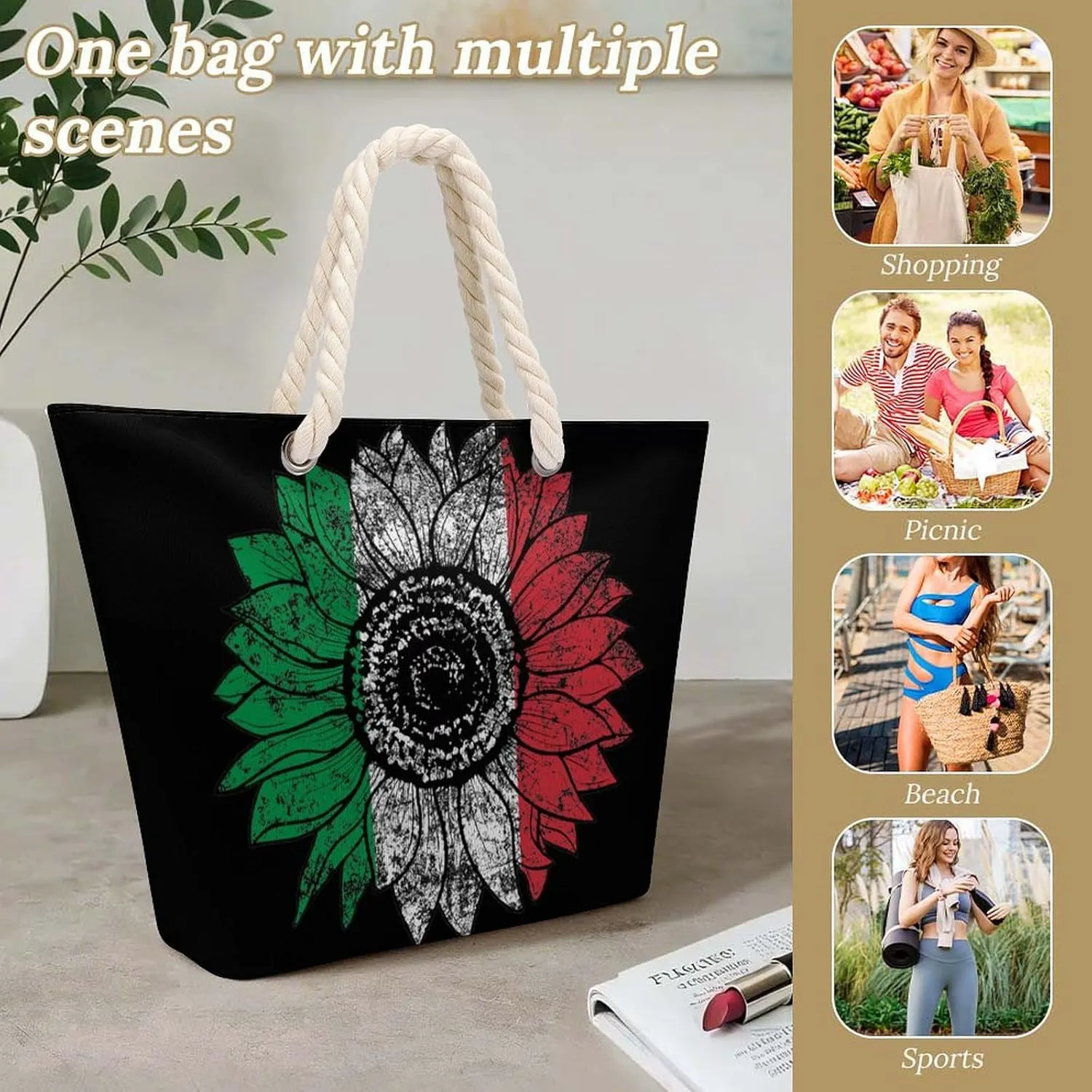 Tote Bag Large Handles Beach Bag with Zipper for Shopping Groceries Travel Outdoors Swim Pool Bag