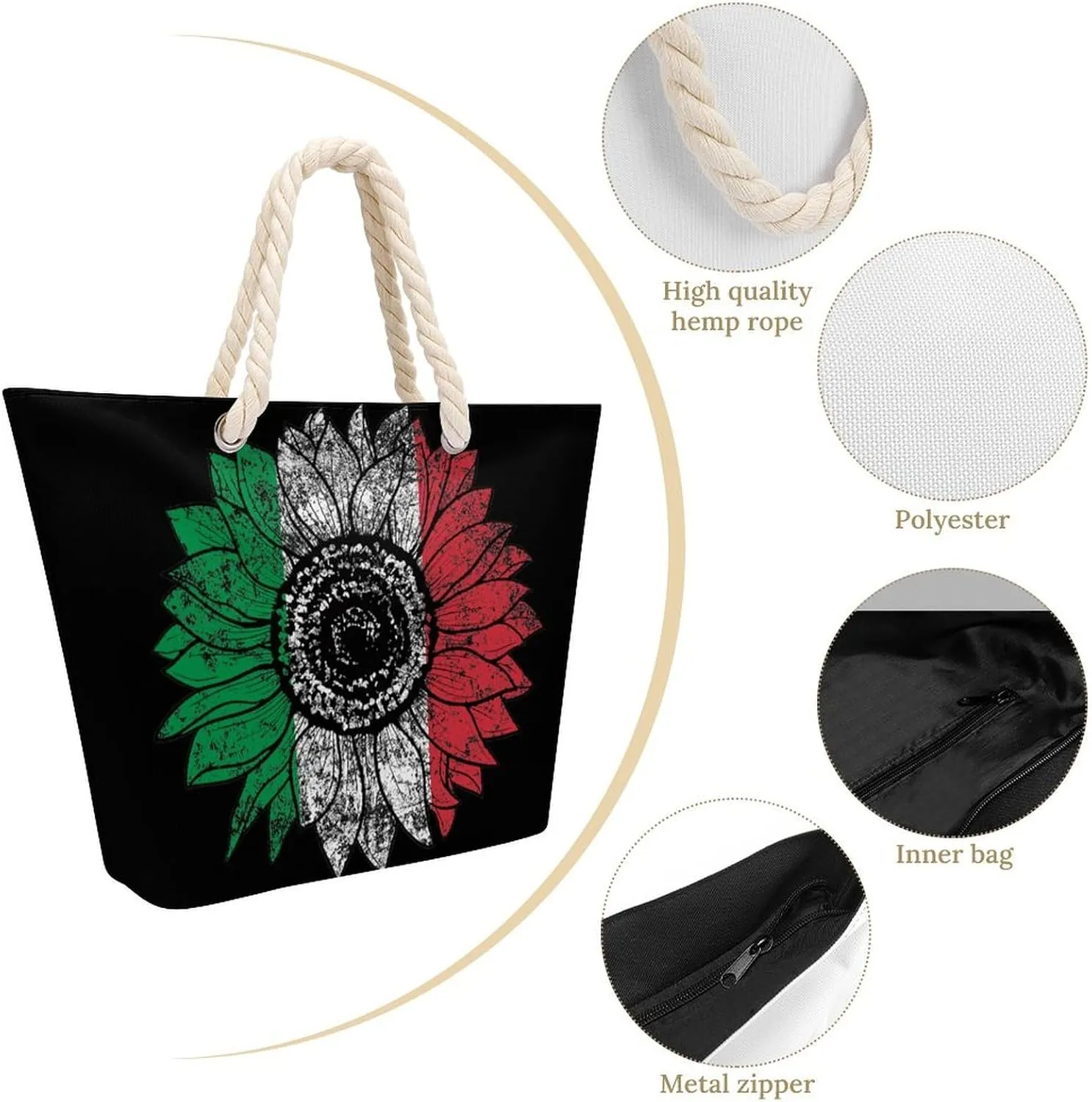 Tote Bag Large Handles Beach Bag with Zipper for Shopping Groceries Travel Outdoors Swim Pool Bag