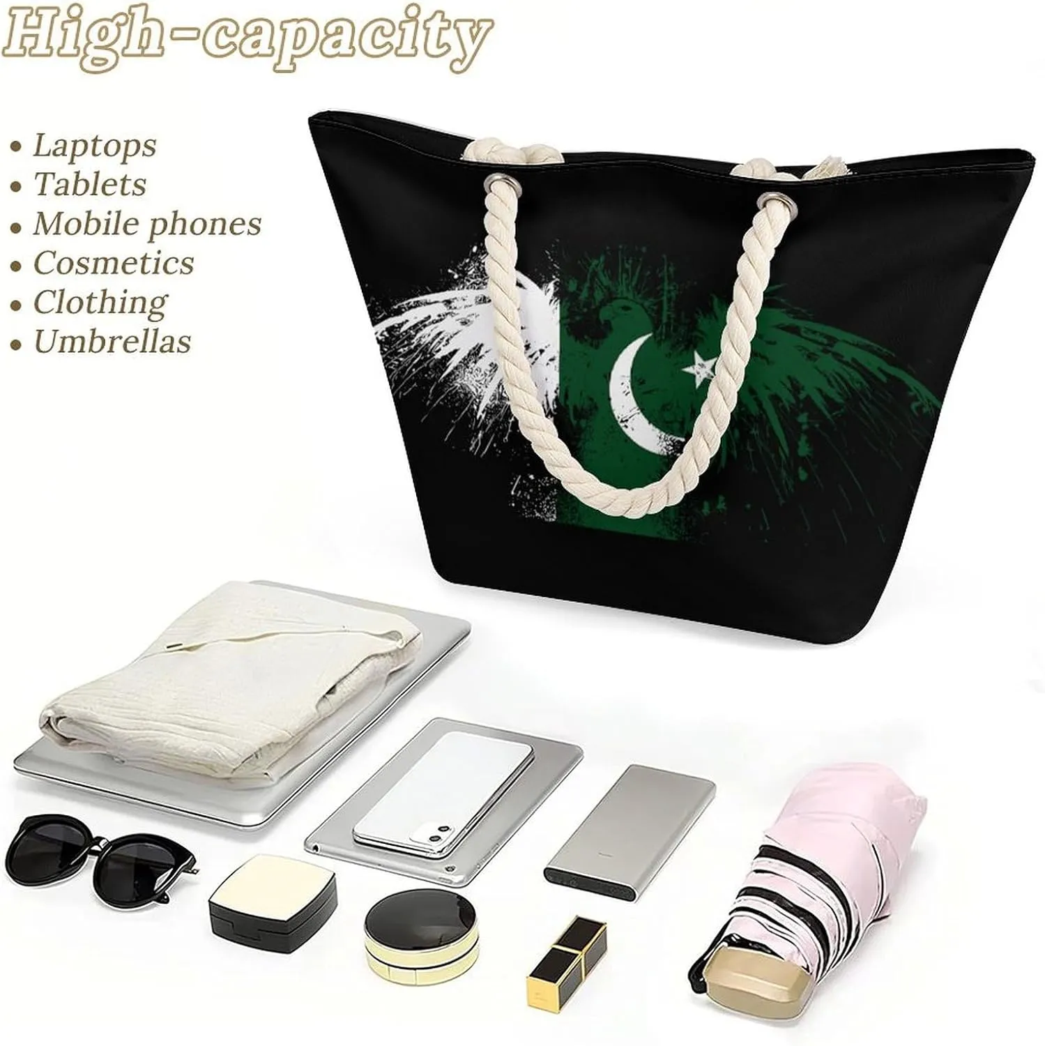 Tote Bag Large Handles Beach Bag with Zipper for Shopping Groceries Travel Outdoors Swim Pool Bag
