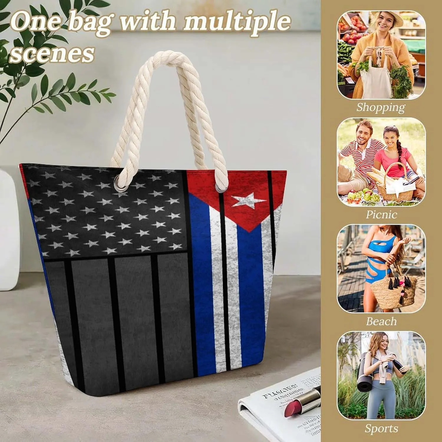 Tote Bag Large Handles Beach Bag with Zipper for Shopping Groceries Travel Outdoors Swim Pool Bag