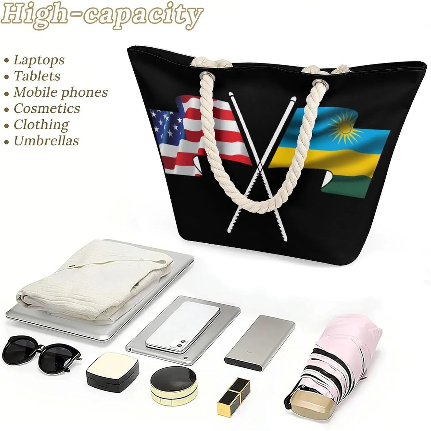 Tote Bag Large Handles Beach Bag with Zipper for Shopping Groceries Travel Outdoors Swim Pool Bag