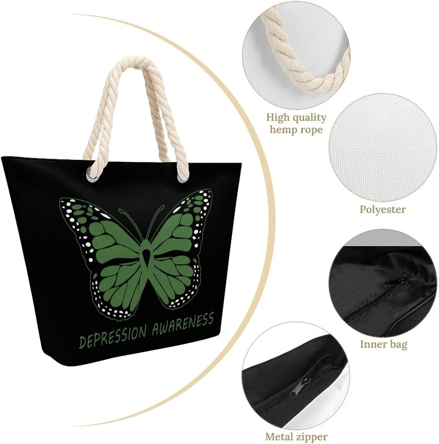 Tote Bag Large Handles Beach Bag with Zipper for Shopping Groceries Travel Outdoors Swim Pool Bag
