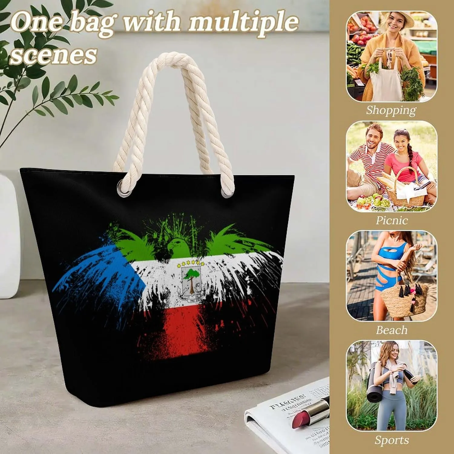 Tote Bag Large Handles Beach Bag with Zipper for Shopping Groceries Travel Outdoors Swim Pool Bag