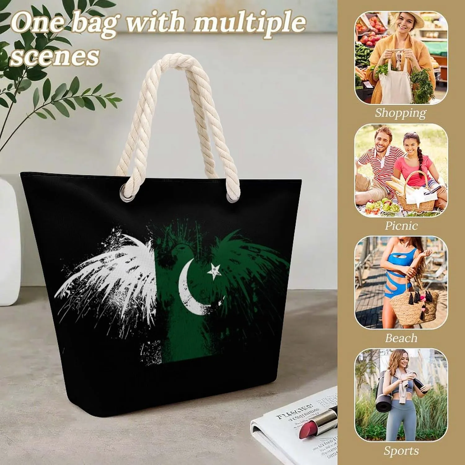Tote Bag Large Handles Beach Bag with Zipper for Shopping Groceries Travel Outdoors Swim Pool Bag