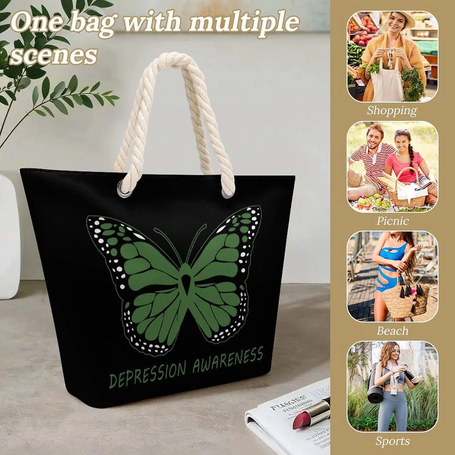 Tote Bag Large Handles Beach Bag with Zipper for Shopping Groceries Travel Outdoors Swim Pool Bag