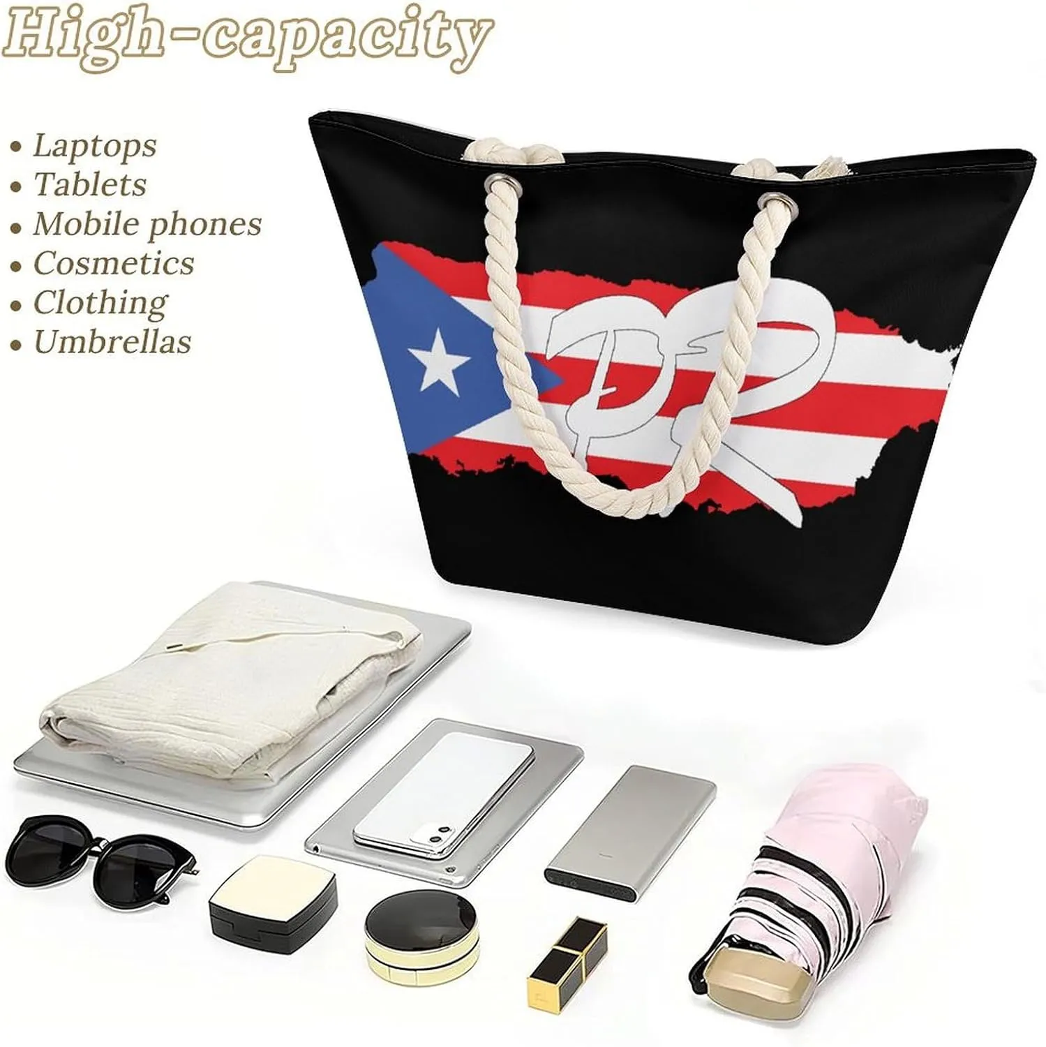 Tote Bag Large Handles Beach Bag with Zipper for Shopping Groceries Travel Outdoors Swim Pool Bag