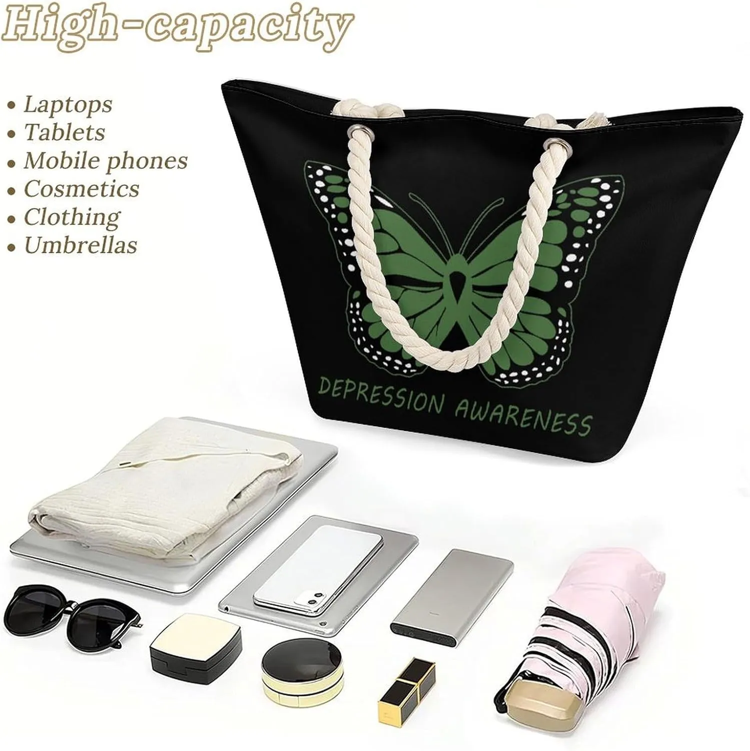 Tote Bag Large Handles Beach Bag with Zipper for Shopping Groceries Travel Outdoors Swim Pool Bag