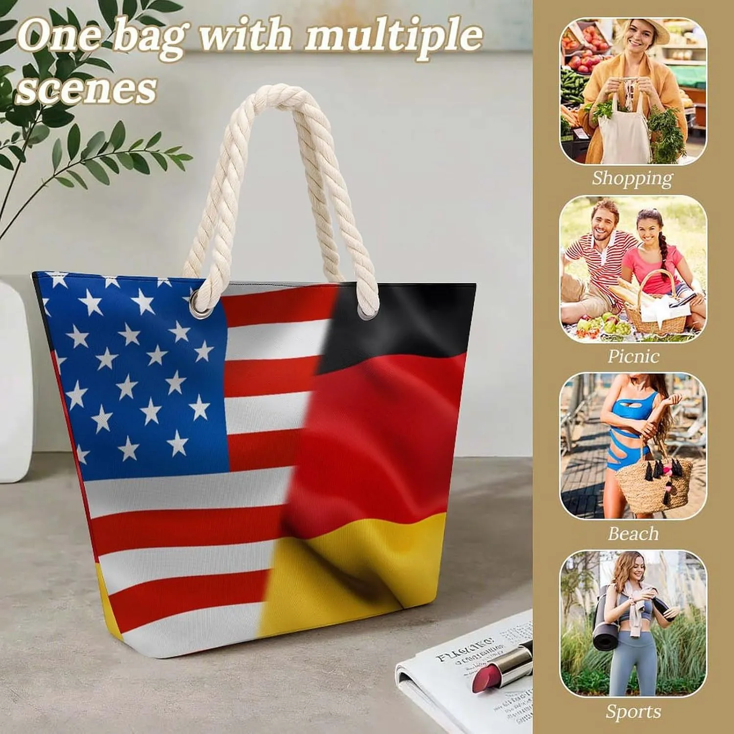 Tote Bag Large Handles Beach Bag with Zipper for Shopping Groceries Travel Outdoors Swim Pool Bag