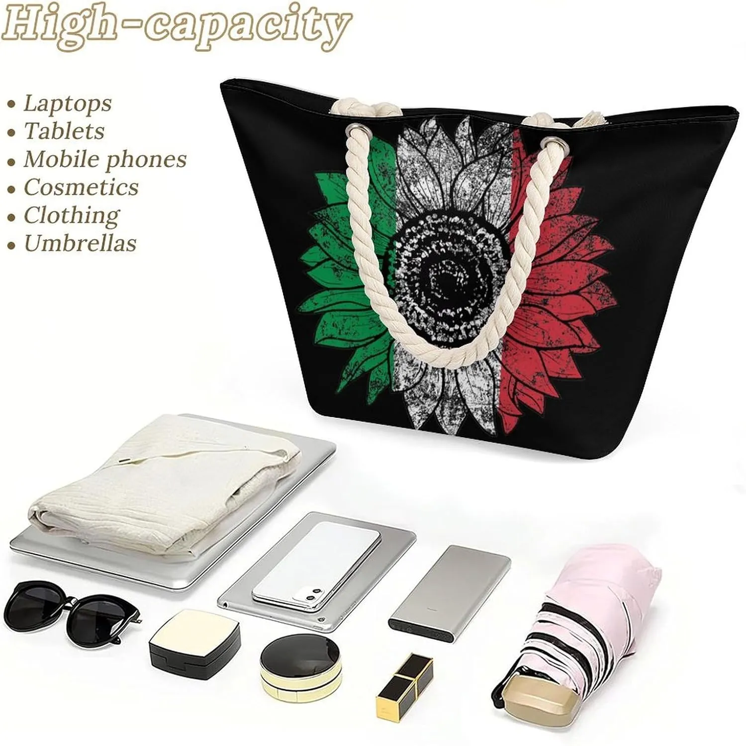 Tote Bag Large Handles Beach Bag with Zipper for Shopping Groceries Travel Outdoors Swim Pool Bag