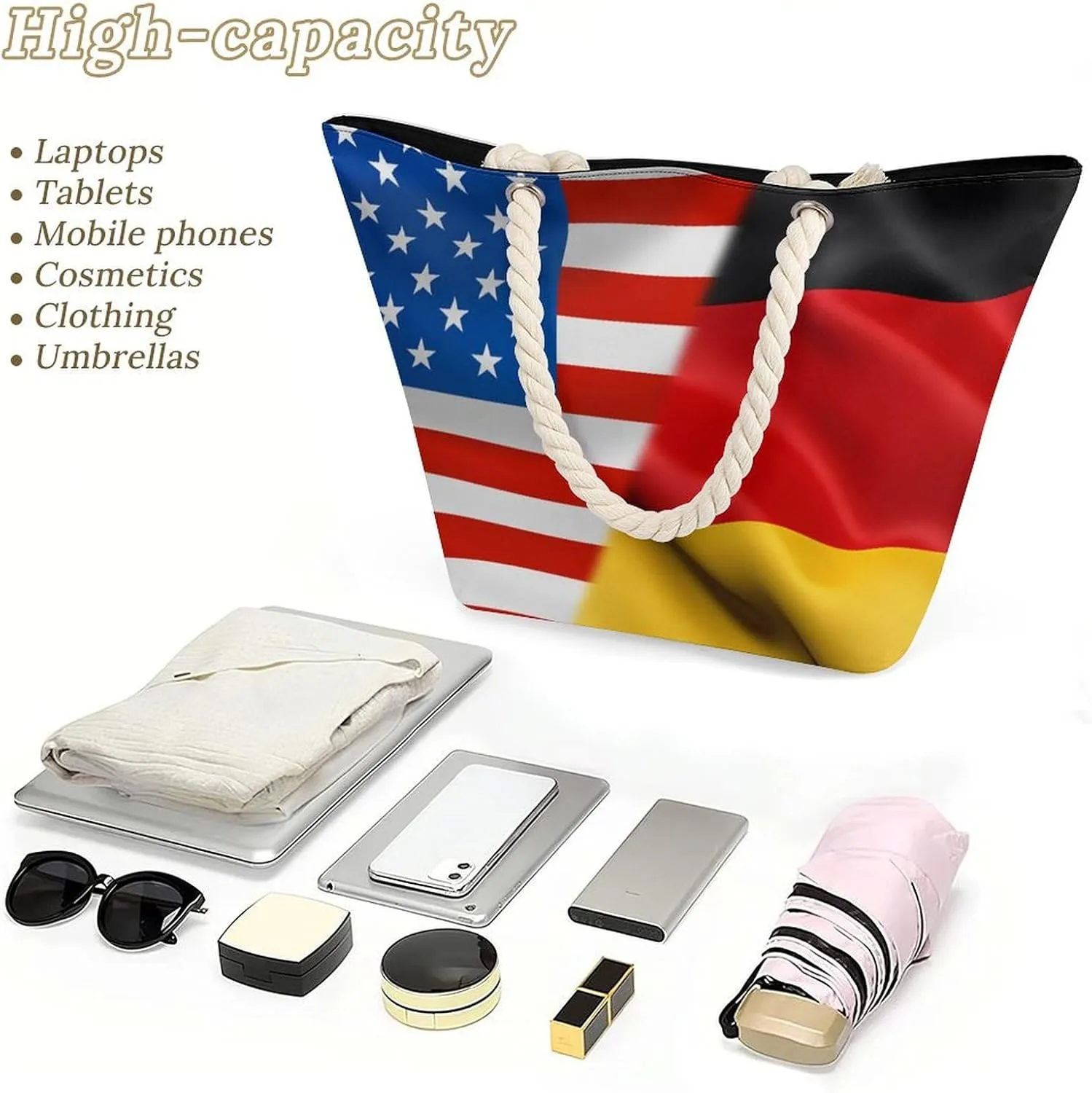 Tote Bag Large Handles Beach Bag with Zipper for Shopping Groceries Travel Outdoors Swim Pool Bag