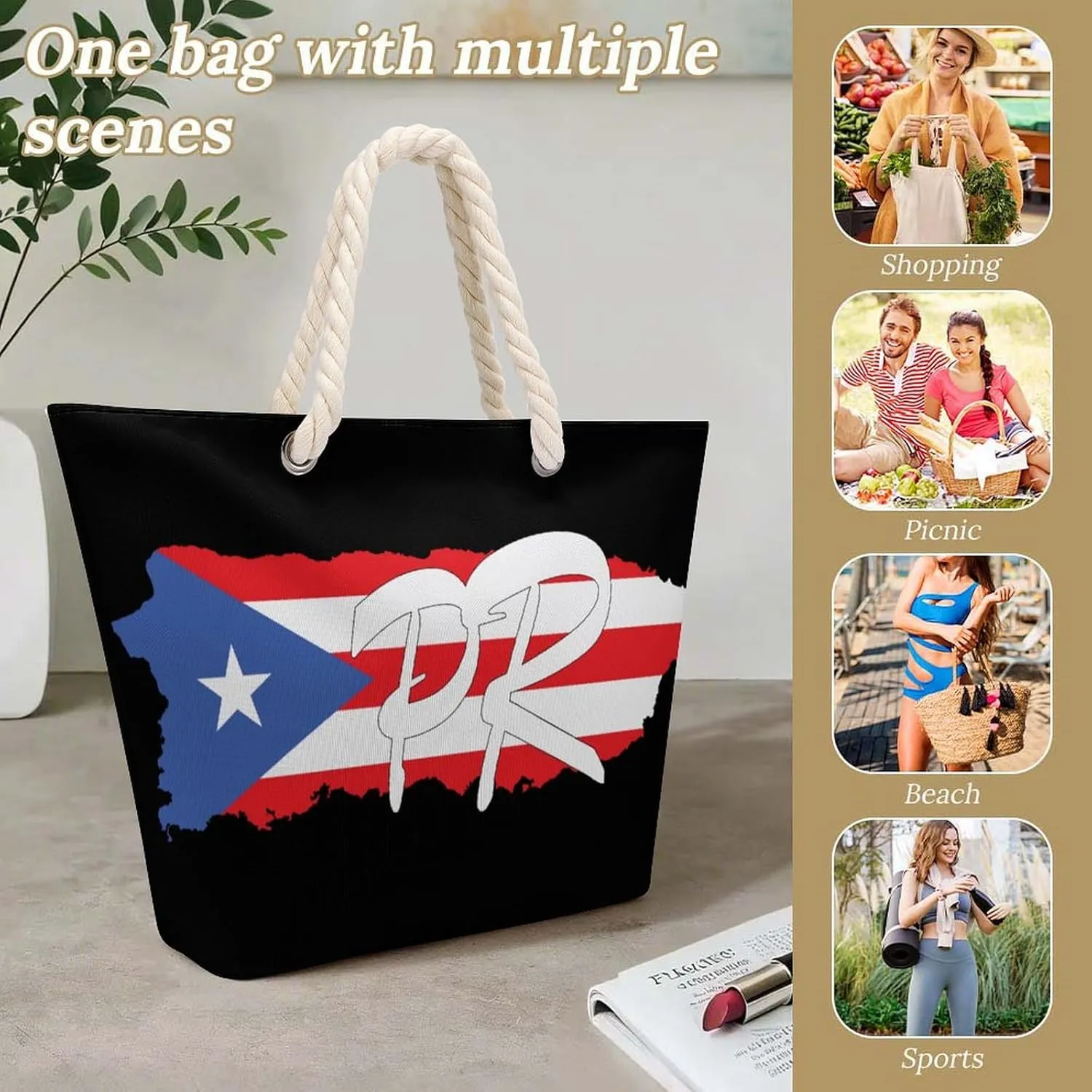Tote Bag Large Handles Beach Bag with Zipper for Shopping Groceries Travel Outdoors Swim Pool Bag