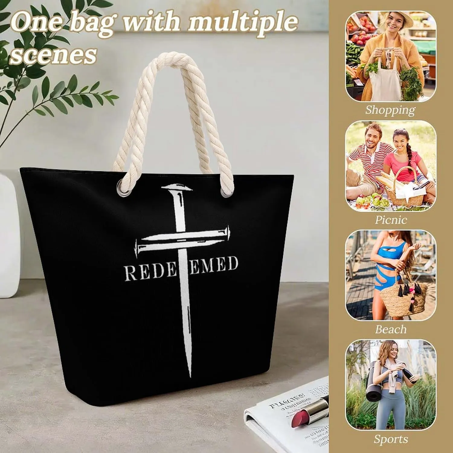 Tote Bag Large Handles Beach Bag with Zipper for Shopping Groceries Travel Outdoors Swim Pool Bag
