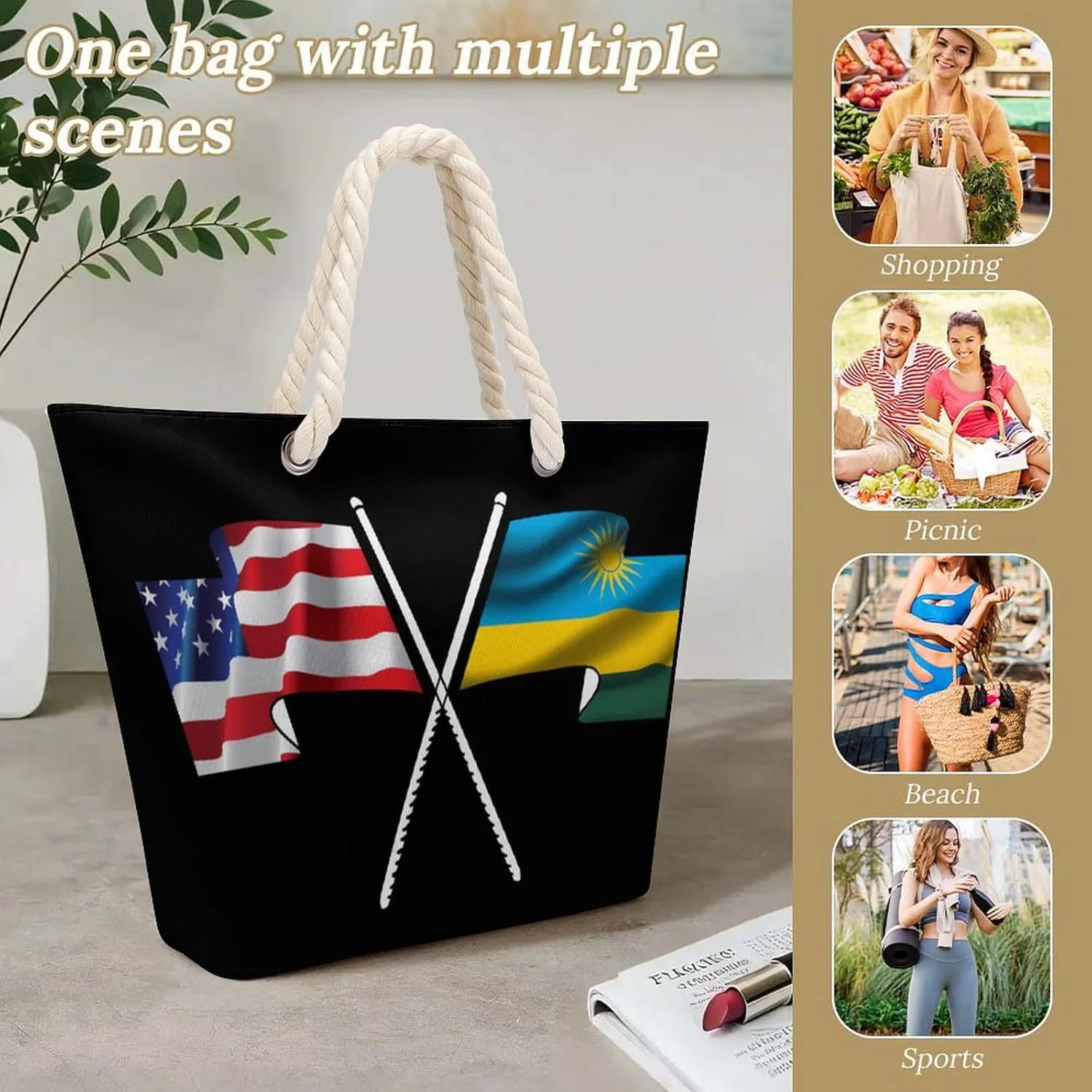 Tote Bag Large Handles Beach Bag with Zipper for Shopping Groceries Travel Outdoors Swim Pool Bag