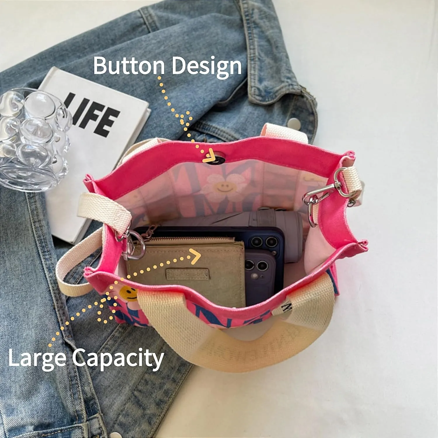 Tote Bag Medium Crossbody Handbag Cute Canvas Stylish Fashion Shoulder Purse with Top Handle for Women Girls
