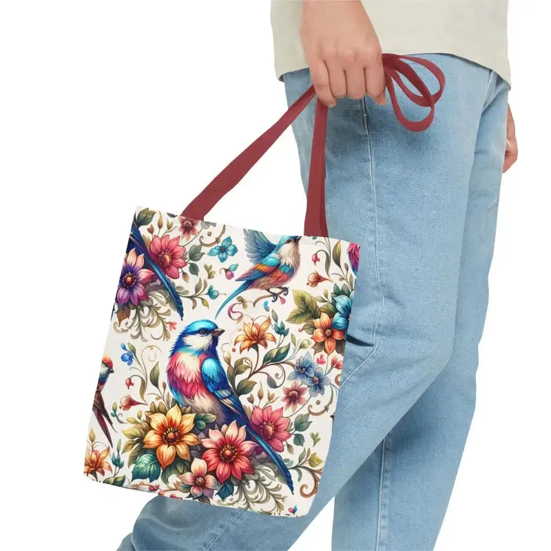 Tote Bag with Birds and Flowers Black Cotton Handles