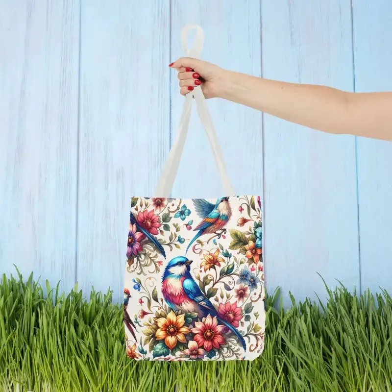 Tote Bag with Birds and Flowers Black Cotton Handles