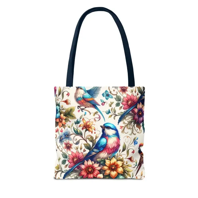 Tote Bag with Birds and Flowers Black Cotton Handles