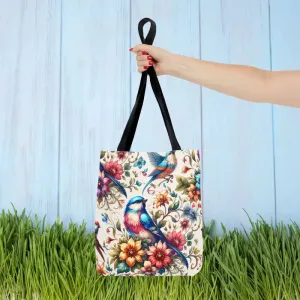 Tote Bag with Birds and Flowers Black Cotton Handles