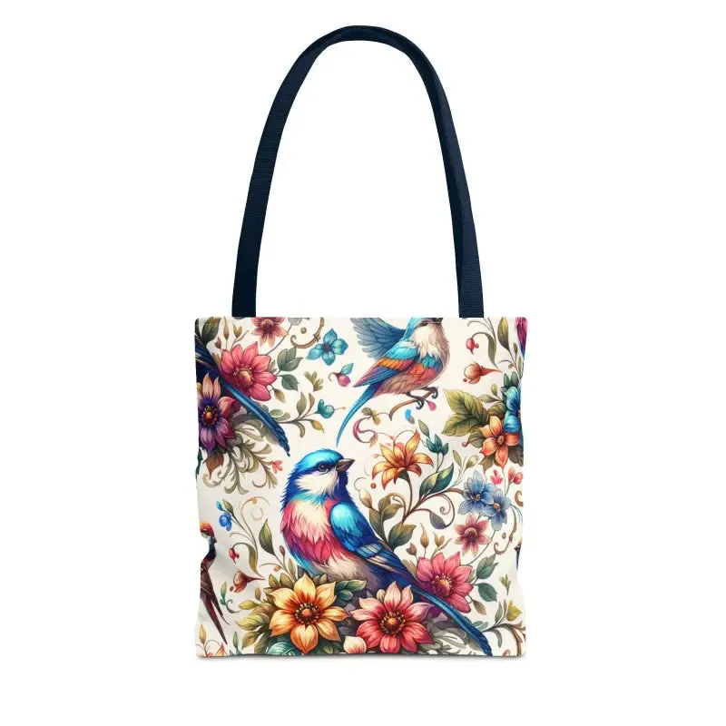 Tote Bag with Birds and Flowers Black Cotton Handles