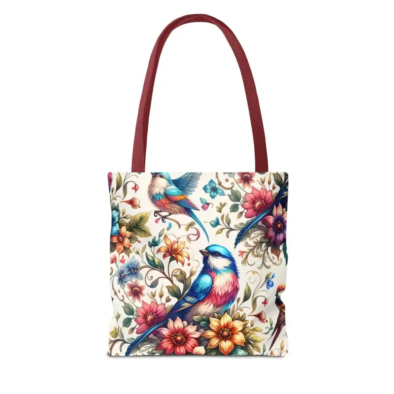 Tote Bag with Birds and Flowers Black Cotton Handles