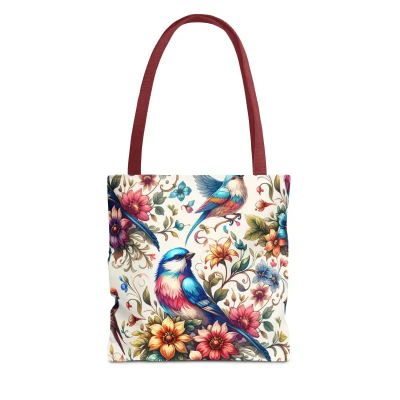 Tote Bag with Birds and Flowers Black Cotton Handles