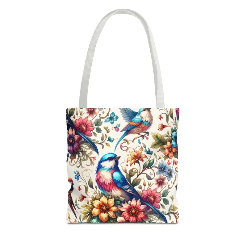 Tote Bag with Birds and Flowers Black Cotton Handles
