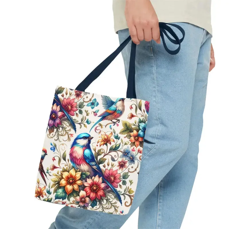 Tote Bag with Birds and Flowers Black Cotton Handles