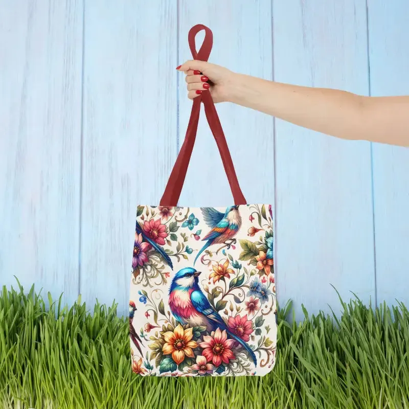 Tote Bag with Birds and Flowers Black Cotton Handles