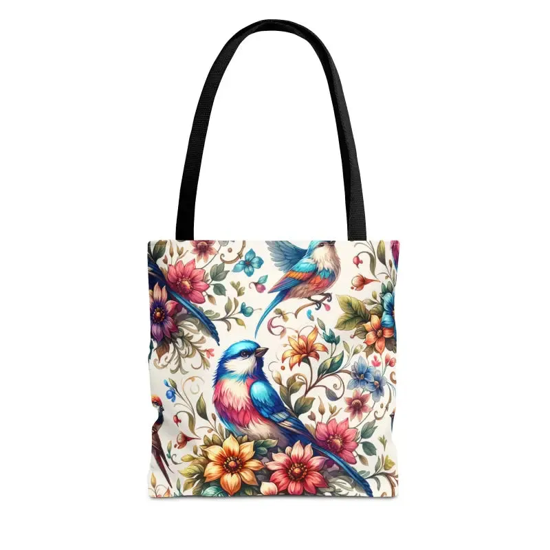 Tote Bag with Birds and Flowers Black Cotton Handles
