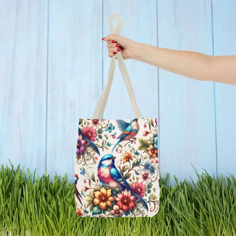 Tote Bag with Birds and Flowers Black Cotton Handles