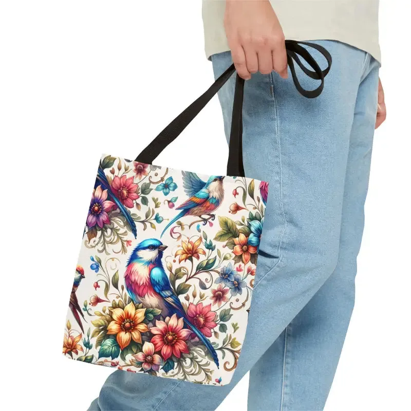 Tote Bag with Birds and Flowers Black Cotton Handles