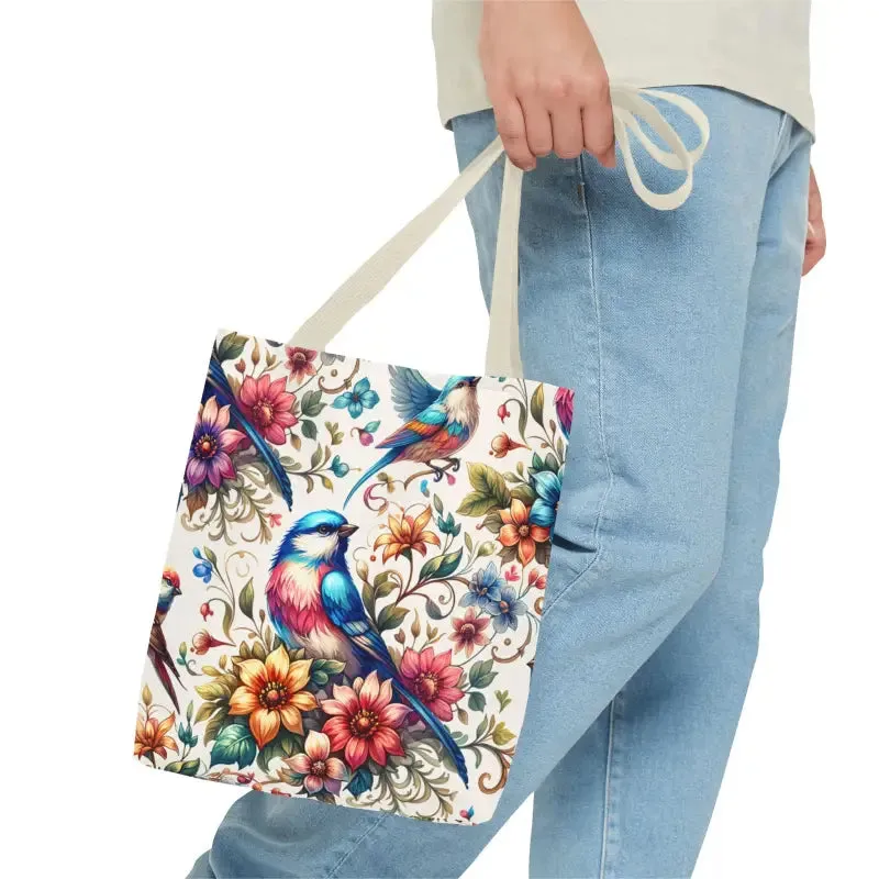 Tote Bag with Birds and Flowers Black Cotton Handles