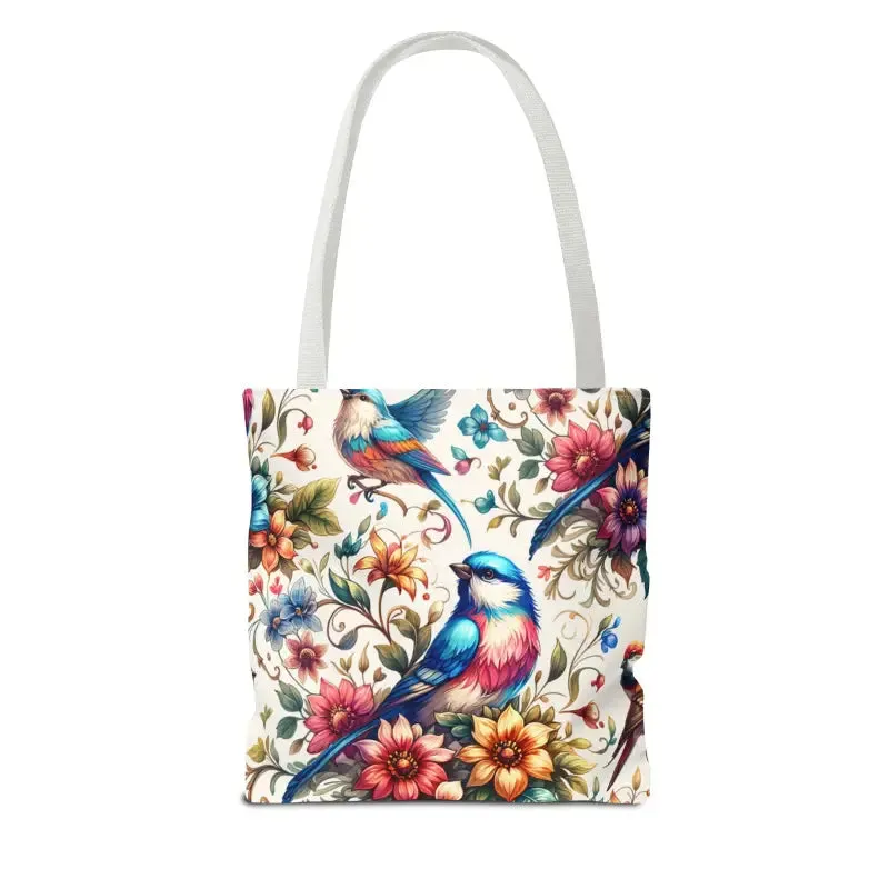 Tote Bag with Birds and Flowers Black Cotton Handles