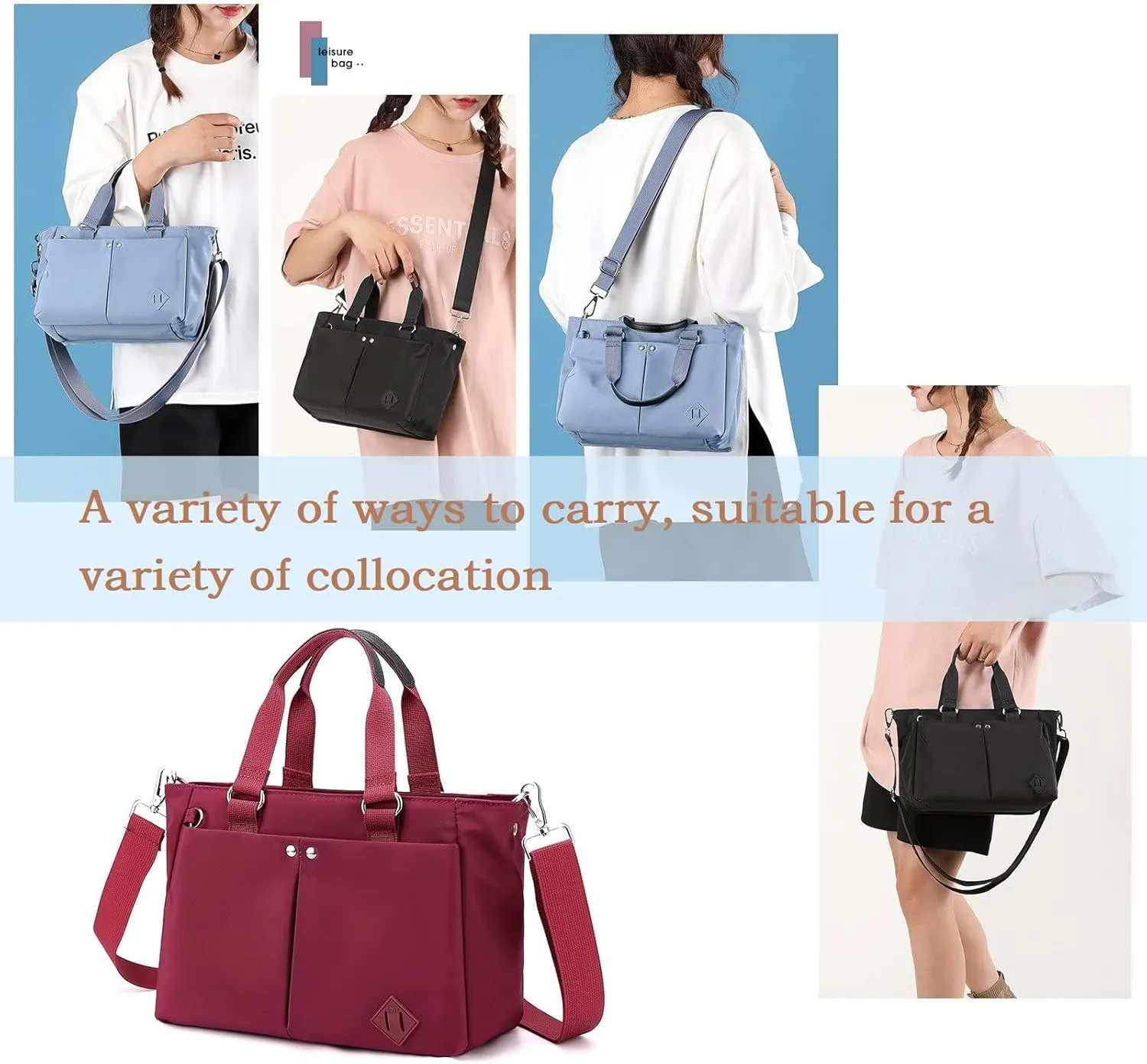 Tote Bag Women Nylon Handbag Zipper Closure Shoulder Bag Crossbody or Handle Bag for Work