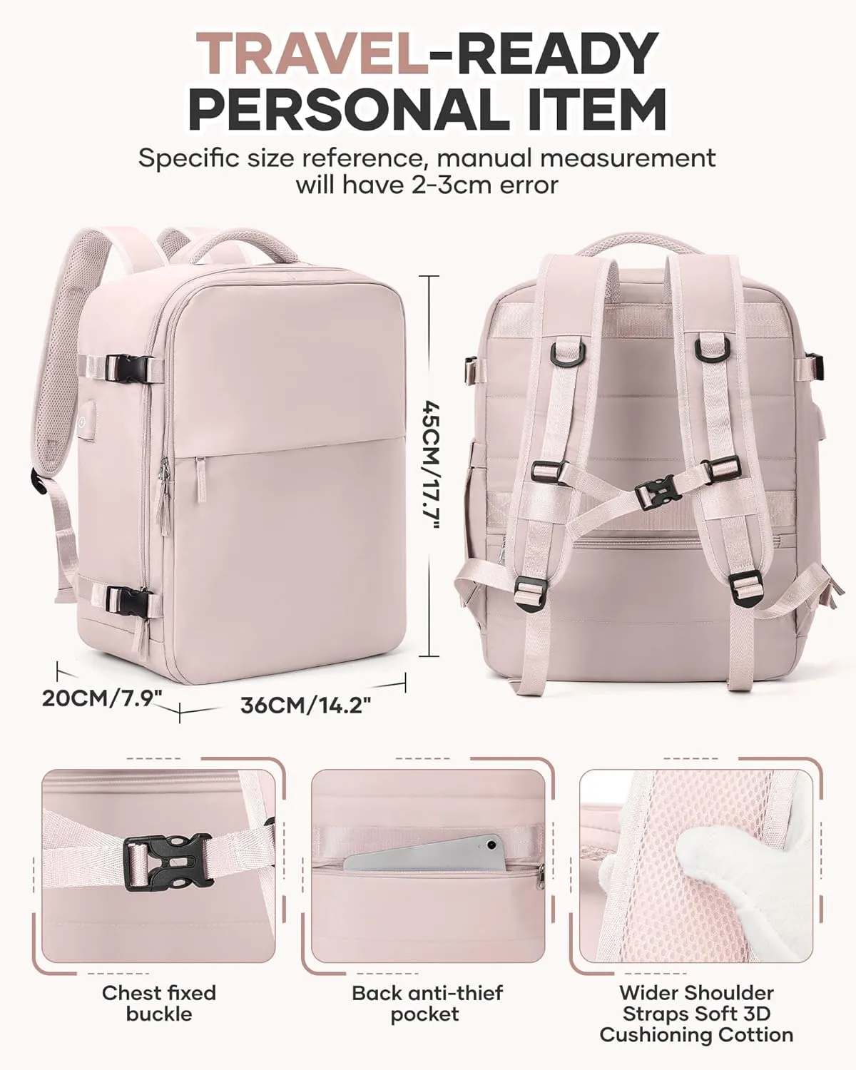 Travel Airback Backpack with Vacuum Compression, Waterproof Travel Backpacks with Air Pump, Large 18×14×8 inch Personal Item Bag United Airlines Approved, Vacuum Seal Backpack, Lotus Pink