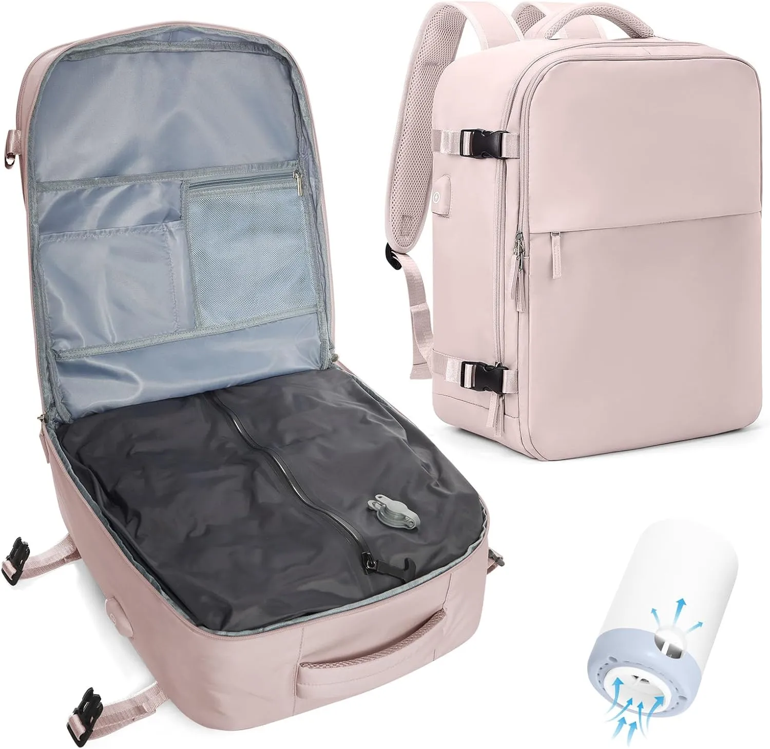 Travel Airback Backpack with Vacuum Compression, Waterproof Travel Backpacks with Air Pump, Large 18×14×8 inch Personal Item Bag United Airlines Approved, Vacuum Seal Backpack, Lotus Pink